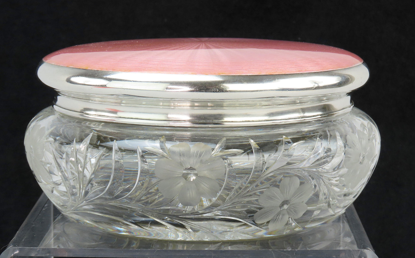 American Brilliant Period ABP Cut Glass Dresser Jar Sterling Silver Pink Enamel