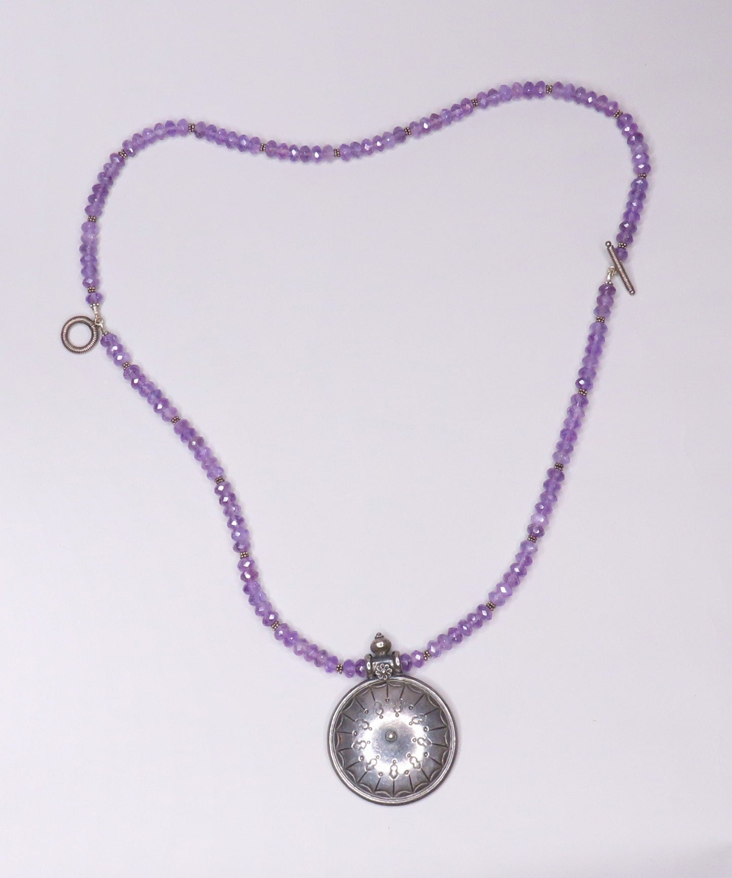 Wonderful Sterling Silver Pendant w/ Amethyst Stones Toggle Closure 16.5 Inches
