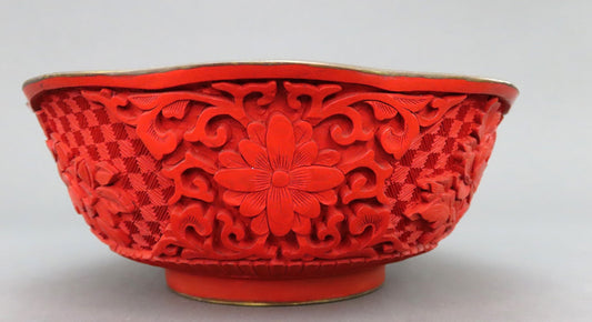 Fabulous VTG Hand Carved Chinese Cinnabar Floral Bowl Blue Enamel