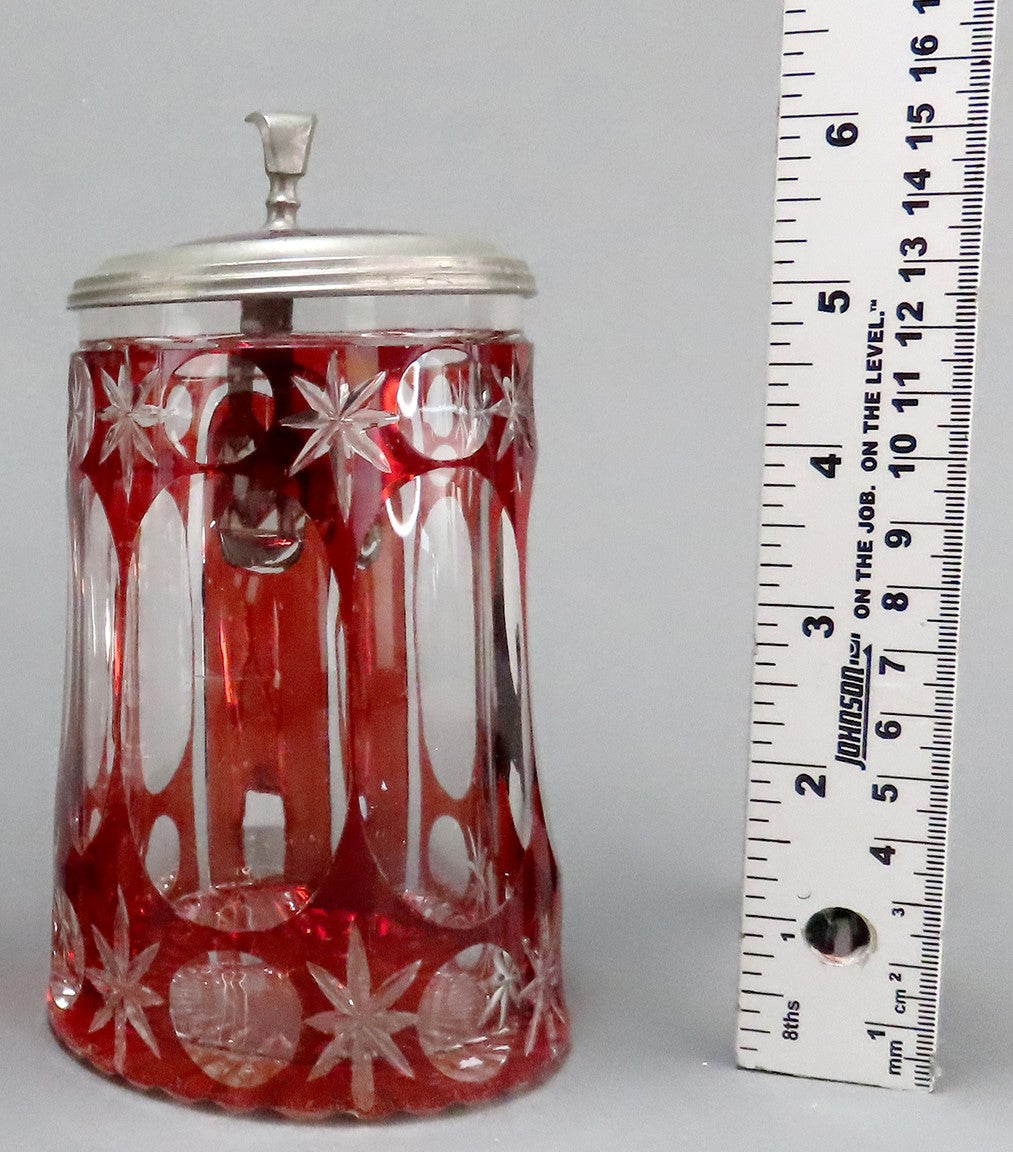 Fine c1860s Czech/Bohemian Ruby Cut Glass Star Design Pewter Lid Tankard