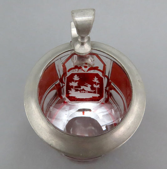 Antique c1860s Czech/Bohemian Ruby Red Cut Engraved Glass Pewter Lid Tankard