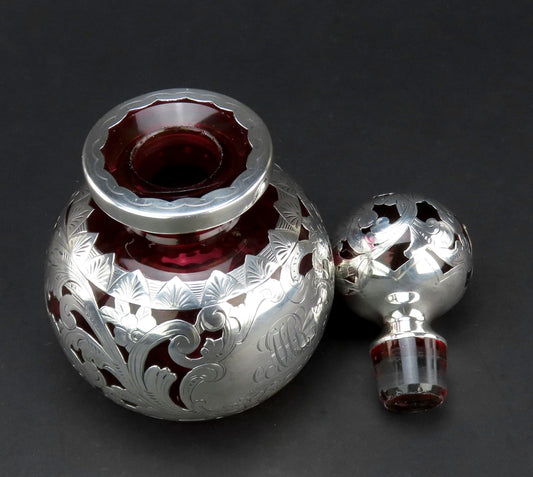 Gorgeous Gorham Crimson Red Glass Sterling Silver Overlay Perfume Bottle 6 1/2in