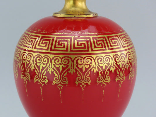 Stunning Late 1800s French Cased Red Glass Gold Gilt Greek Key Vase