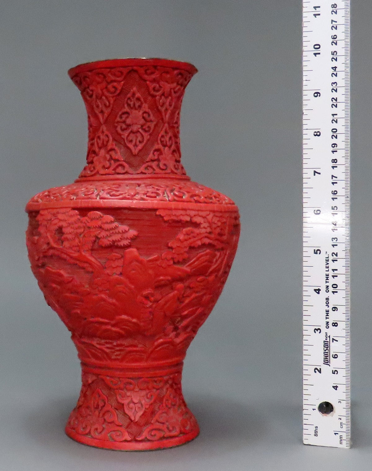 Striking Late 1800s/Early 1900s Chinese Cinnabar Red Lacquer Carved Scenic Vase