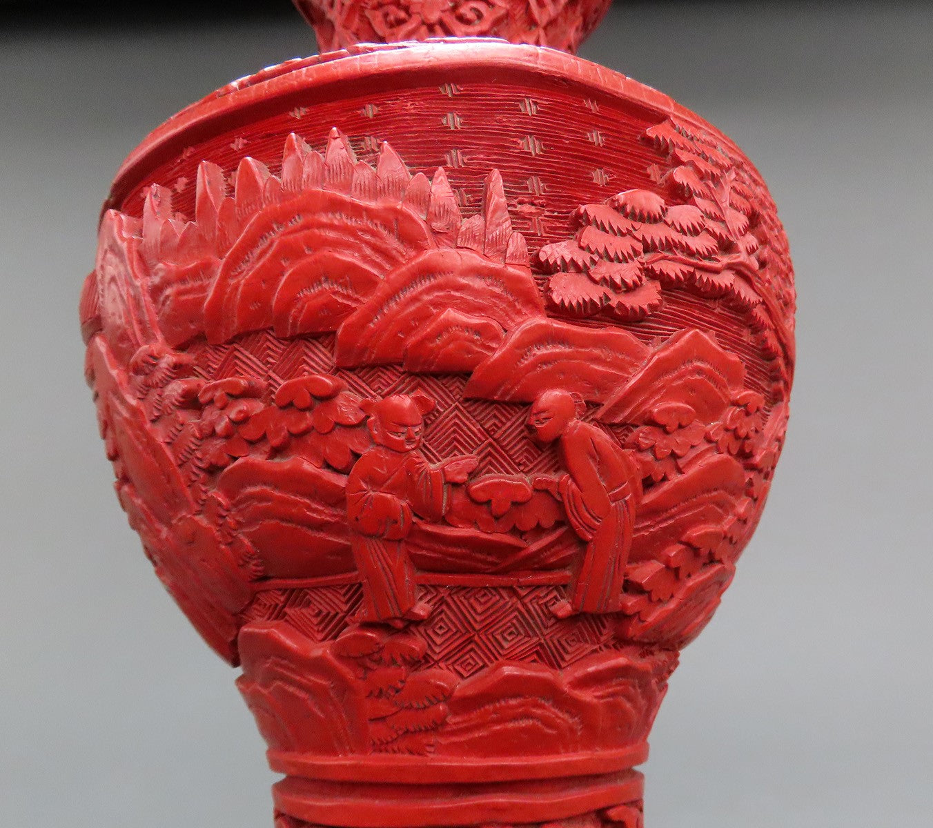 Striking Late 1800s/Early 1900s Chinese Cinnabar Red Lacquer Carved Scenic Vase