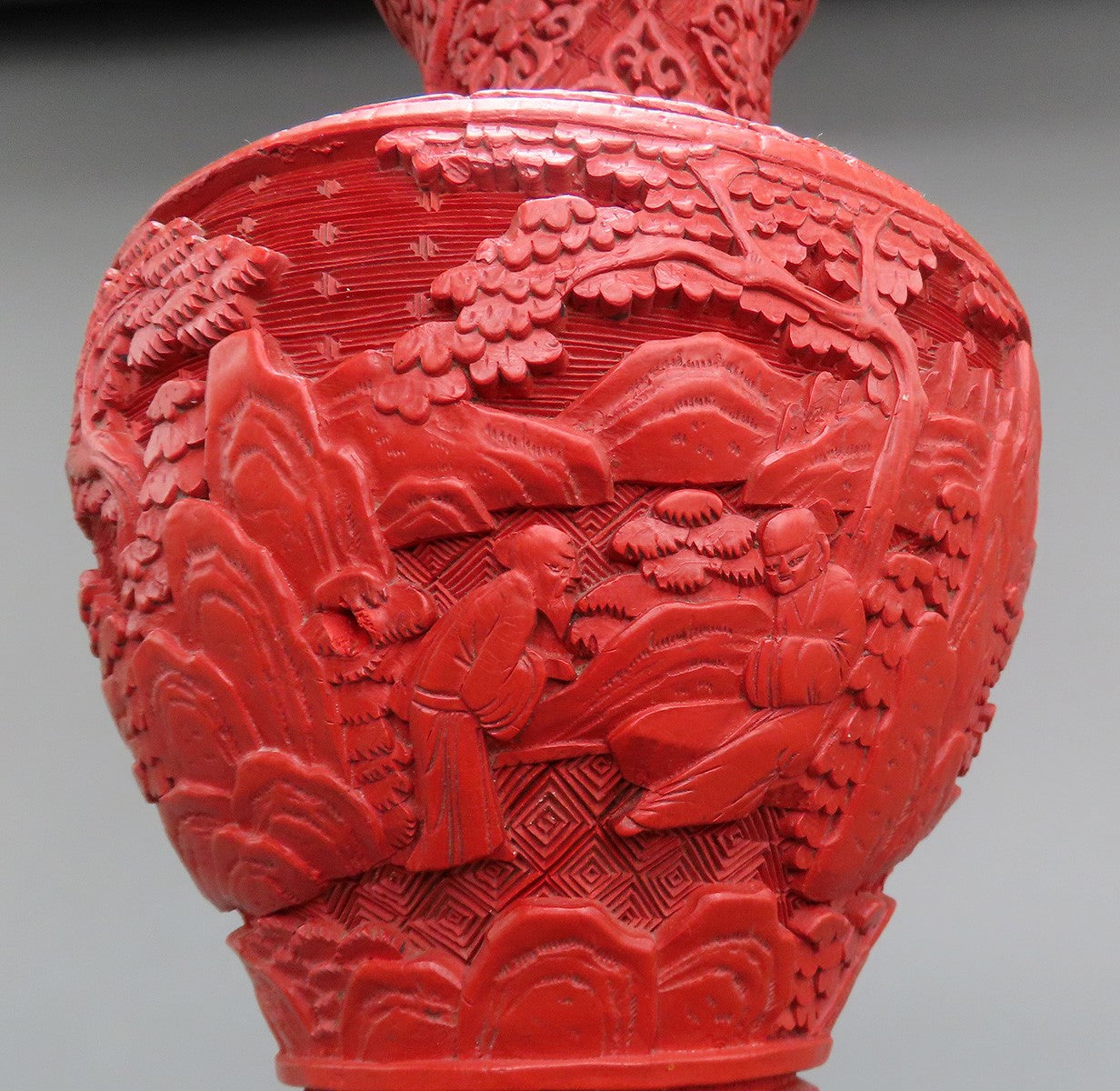 Striking Late 1800s/Early 1900s Chinese Cinnabar Red Lacquer Carved Scenic Vase