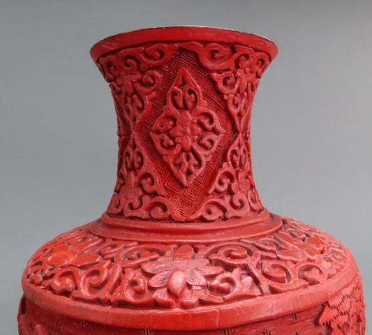 Striking Late 1800s/Early 1900s Chinese Cinnabar Red Lacquer Carved Scenic Vase