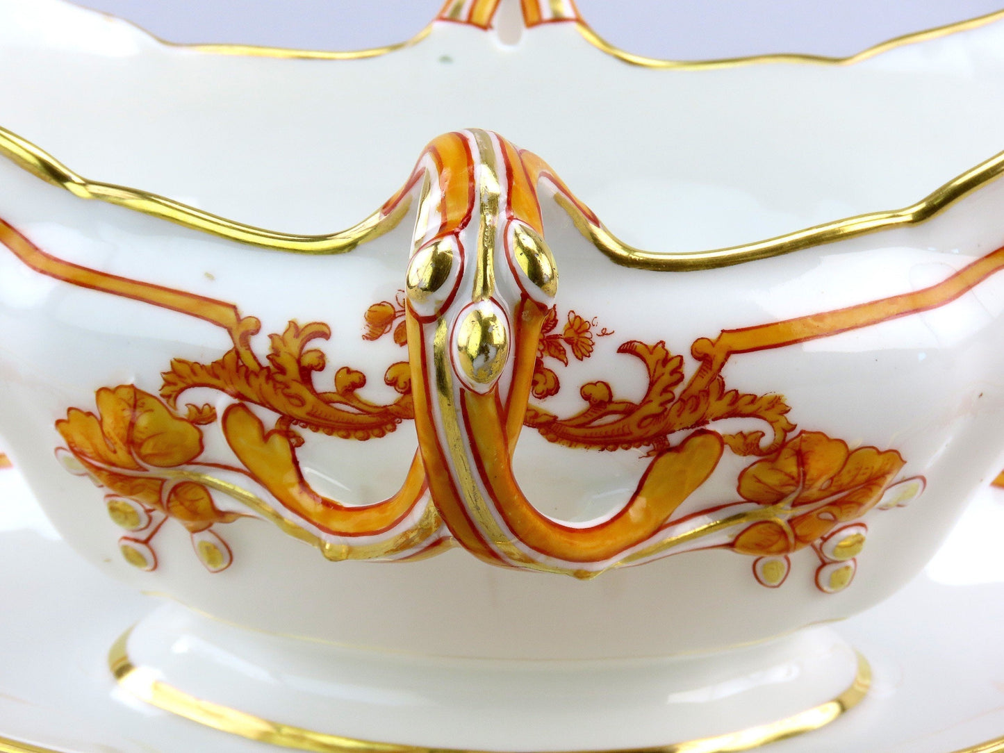 1870s Antique French Porcelain Gravy Sauce Boat w/ Attached Underplate
