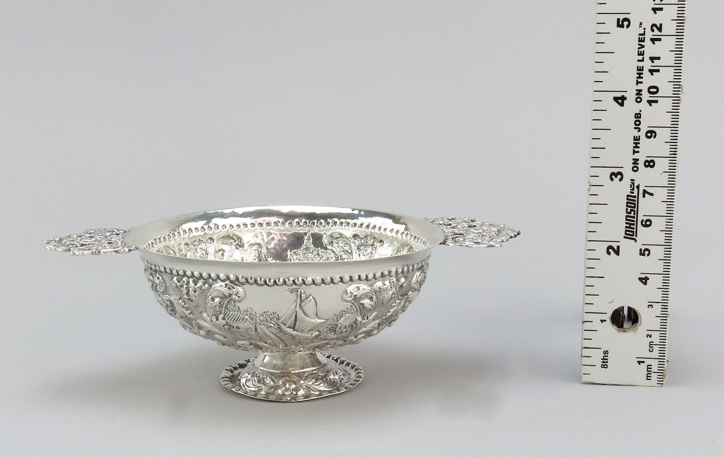 Superb 1912 Dutch 835 Silver Double Handle Pedestal Bowl Chased Windmill Scenes