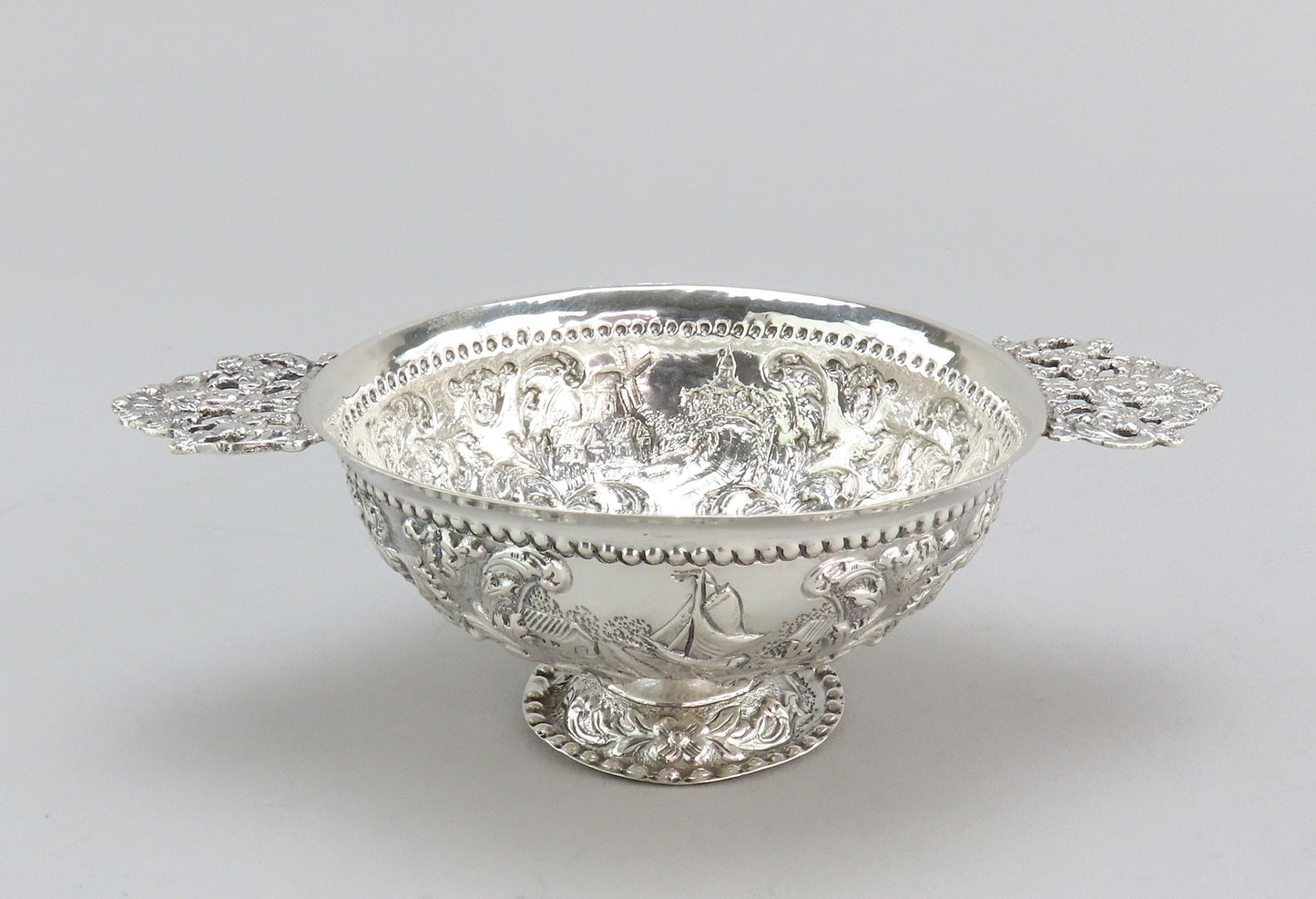 Superb 1912 Dutch 835 Silver Double Handle Pedestal Bowl Chased Windmill Scenes