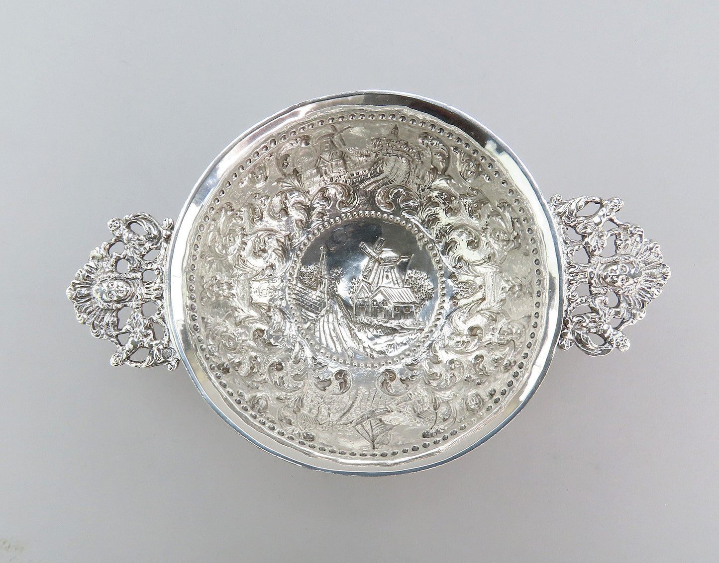 Superb 1912 Dutch 835 Silver Double Handle Pedestal Bowl Chased Windmill Scenes
