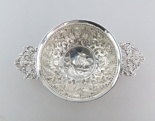 Superb 1912 Dutch 835 Silver Double Handle Pedestal Bowl Chased Windmill Scenes