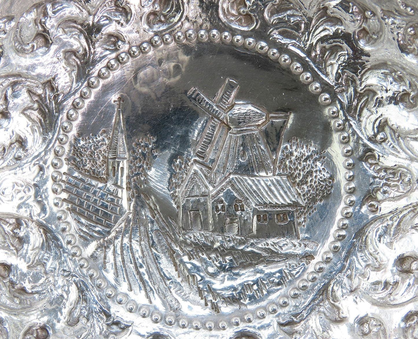 Superb 1912 Dutch 835 Silver Double Handle Pedestal Bowl Chased Windmill Scenes