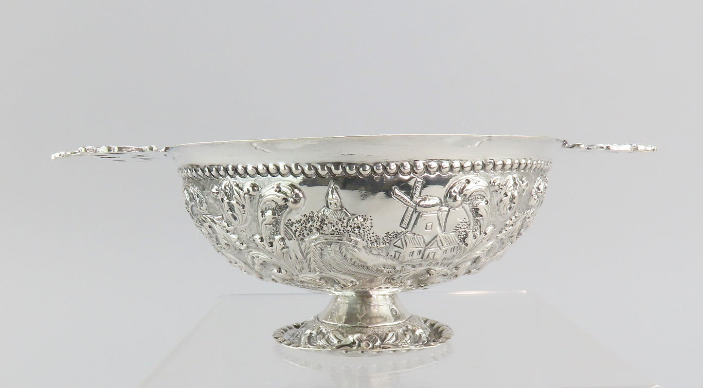 Superb 1912 Dutch 835 Silver Double Handle Pedestal Bowl Chased Windmill Scenes