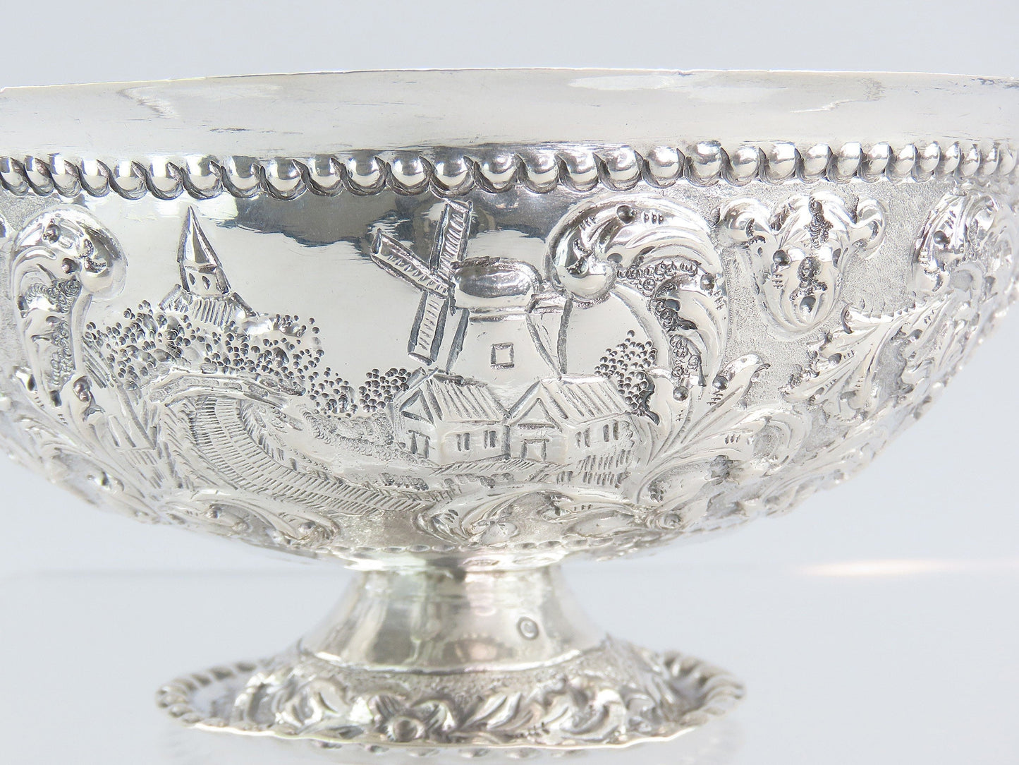 Superb 1912 Dutch 835 Silver Double Handle Pedestal Bowl Chased Windmill Scenes