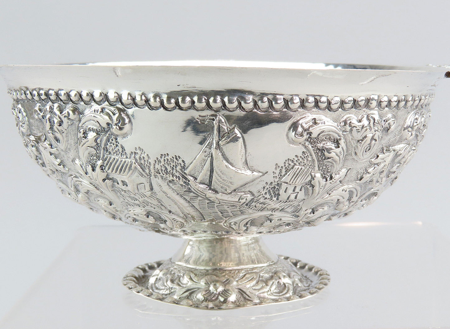 Superb 1912 Dutch 835 Silver Double Handle Pedestal Bowl Chased Windmill Scenes