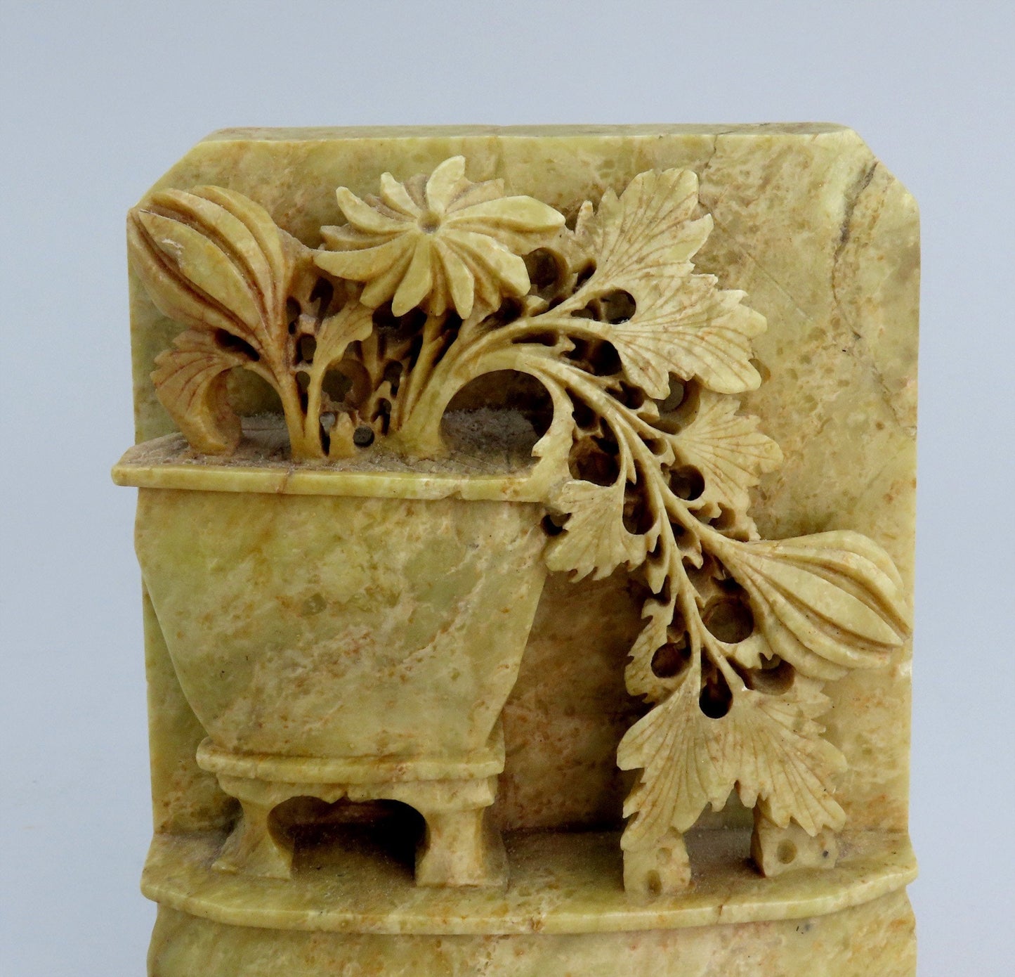 Stunning Pair Antique Chinese Hand Carved Beige Soapstone Floral Bookends