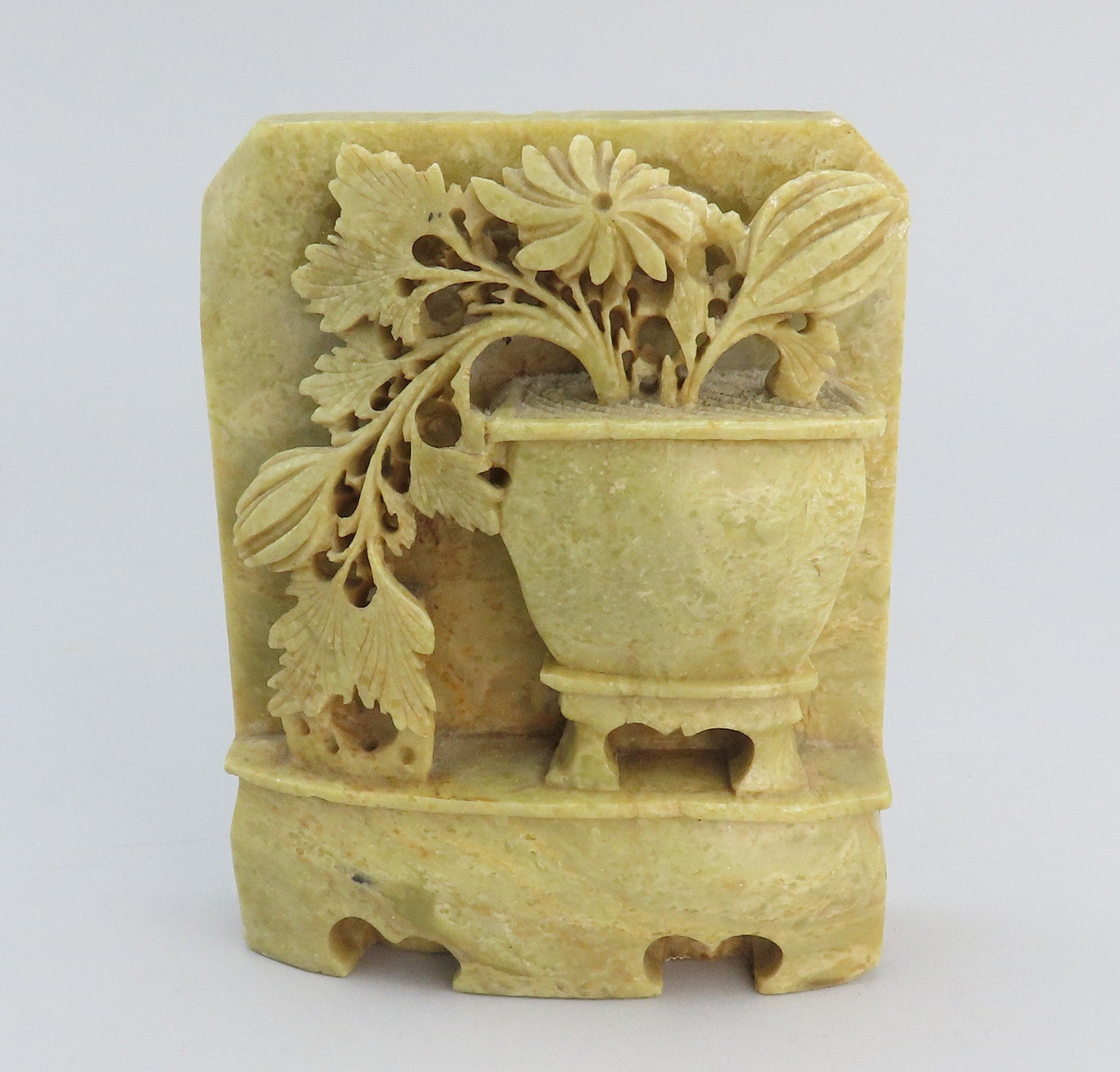 Stunning Pair Antique Chinese Hand Carved Beige Soapstone Floral Bookends