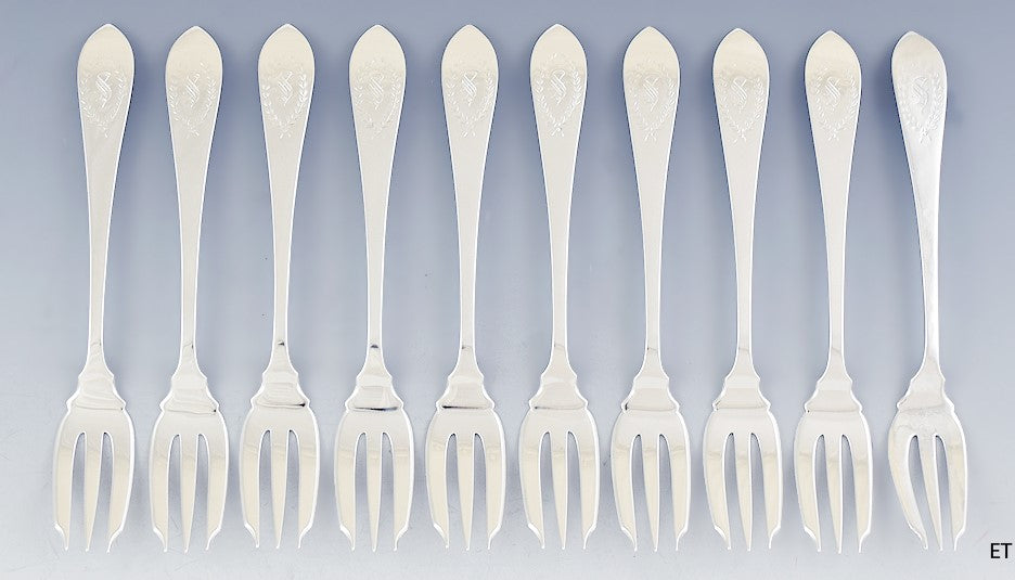 Great set 10 Dominick & Haff Sterling Silver Fish Forks Pointed Antique #3 Engr.