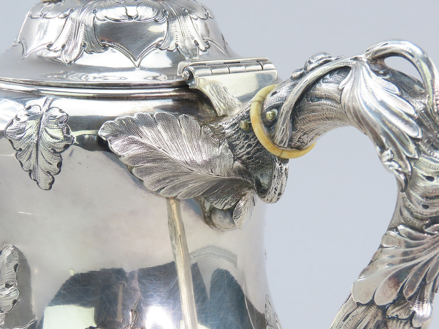 Antique c1850 American Coin Silver Large Coffee/Teapot Hand Chased Oak Leaves