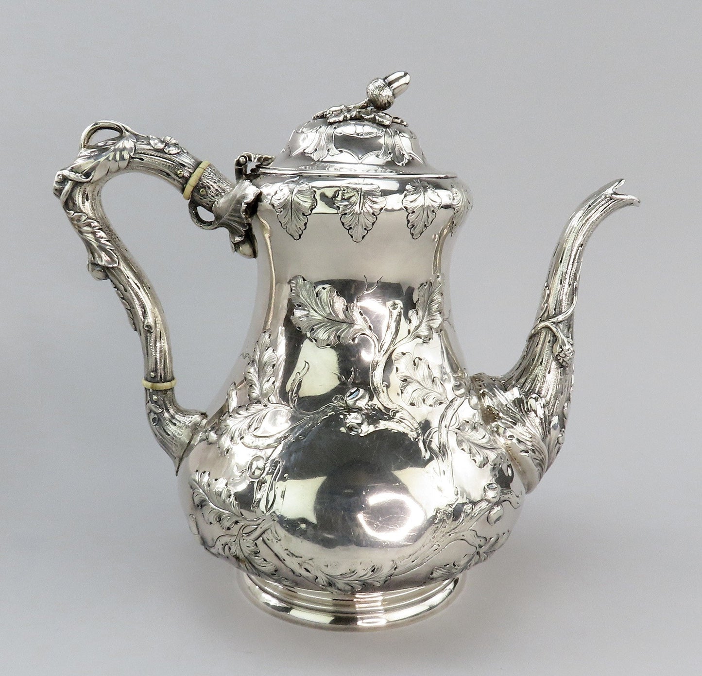 Antique c1850 American Coin Silver Large Coffee/Teapot Hand Chased Oak Leaves