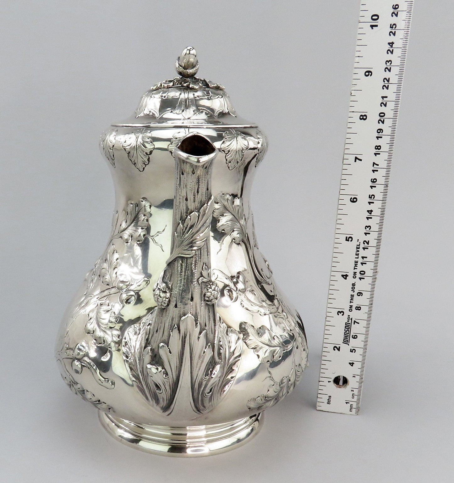 Antique c1850 American Coin Silver Large Coffee/Teapot Hand Chased Oak Leaves