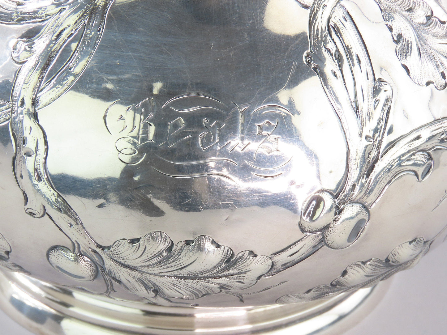 Antique c1850 American Coin Silver Large Coffee/Teapot Hand Chased Oak Leaves