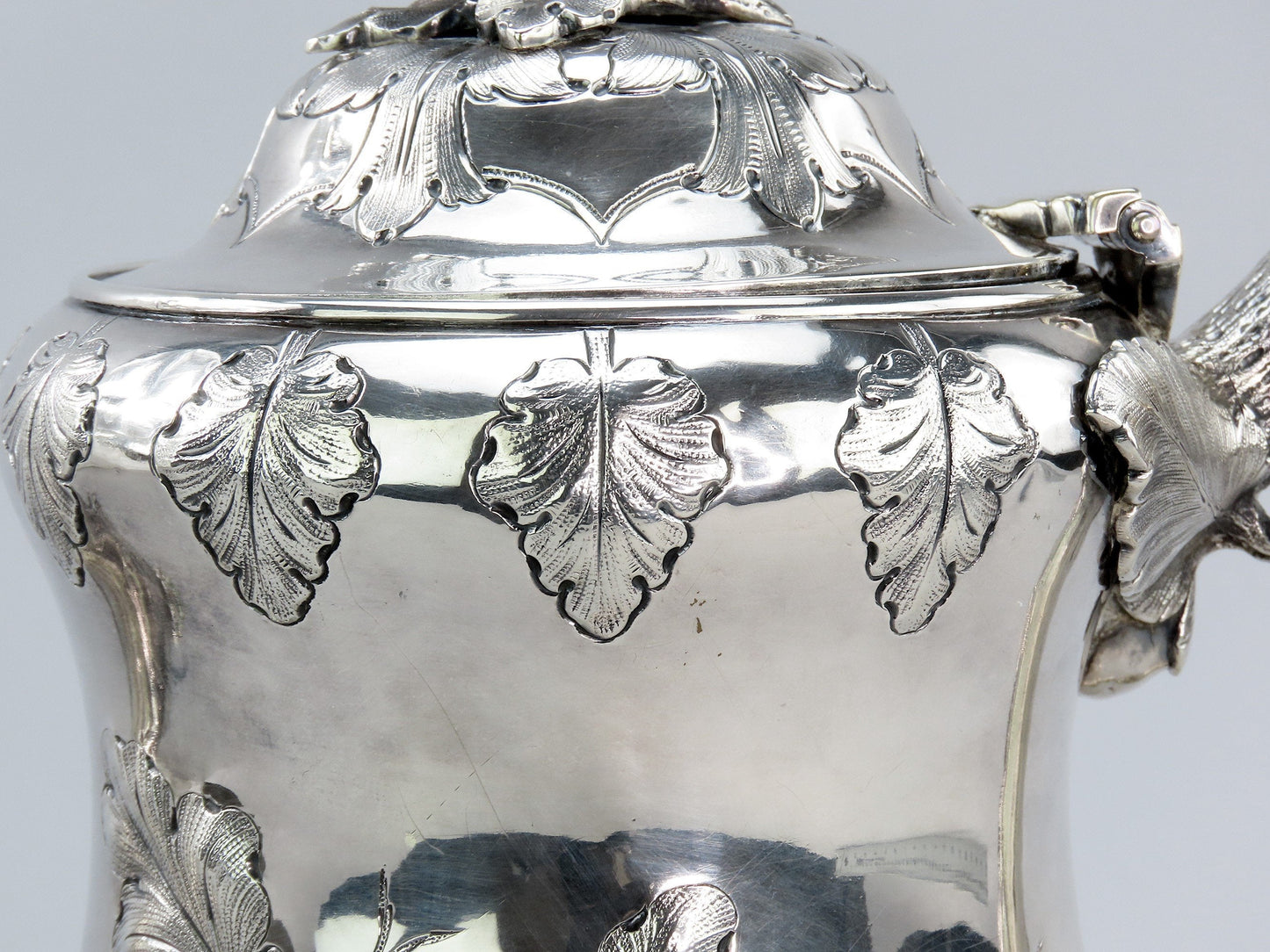 Antique c1850 American Coin Silver Large Coffee/Teapot Hand Chased Oak Leaves