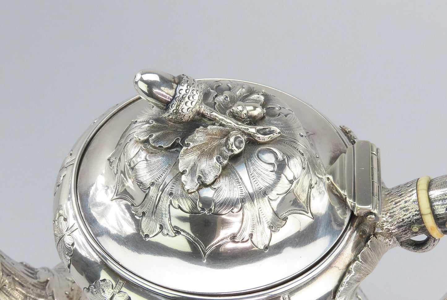 Antique c1850 American Coin Silver Large Coffee/Teapot Hand Chased Oak Leaves