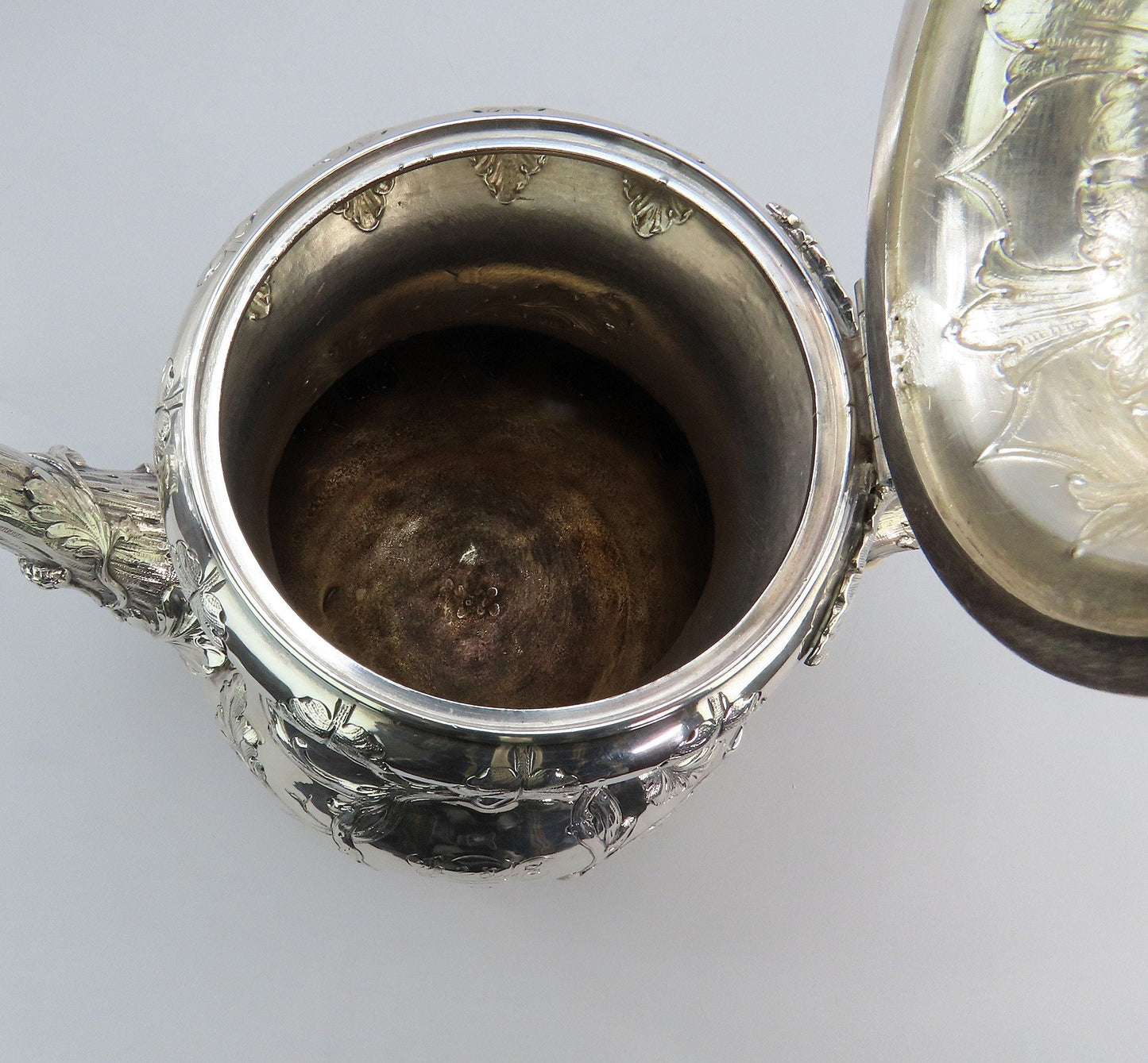 Antique c1850 American Coin Silver Large Coffee/Teapot Hand Chased Oak Leaves