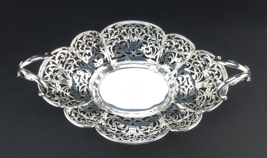 Fancy Large Pierced Handled Oval Bowl w/ Claw Feet Scroll Decorations 15" Long
