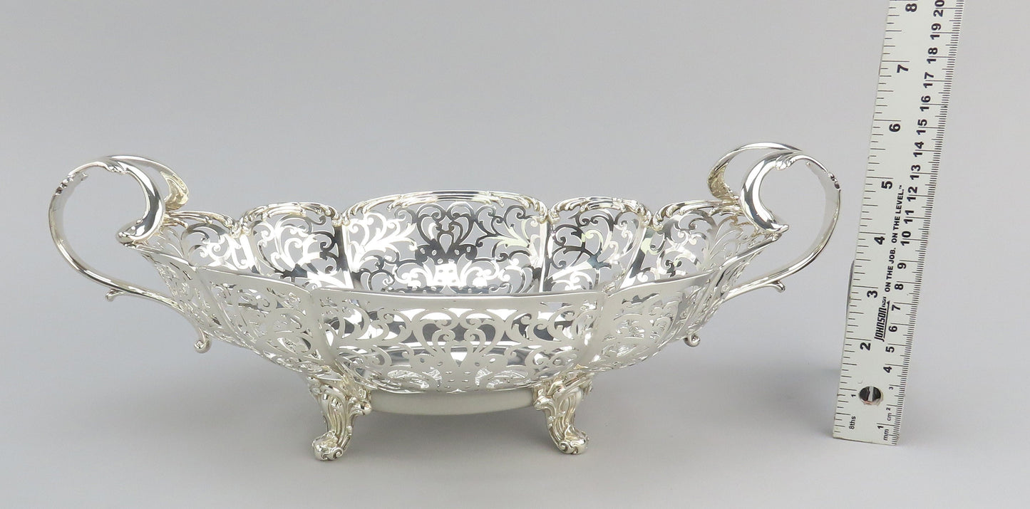 Fancy Large Pierced Handled Oval Bowl w/ Claw Feet Scroll Decorations 15" Long