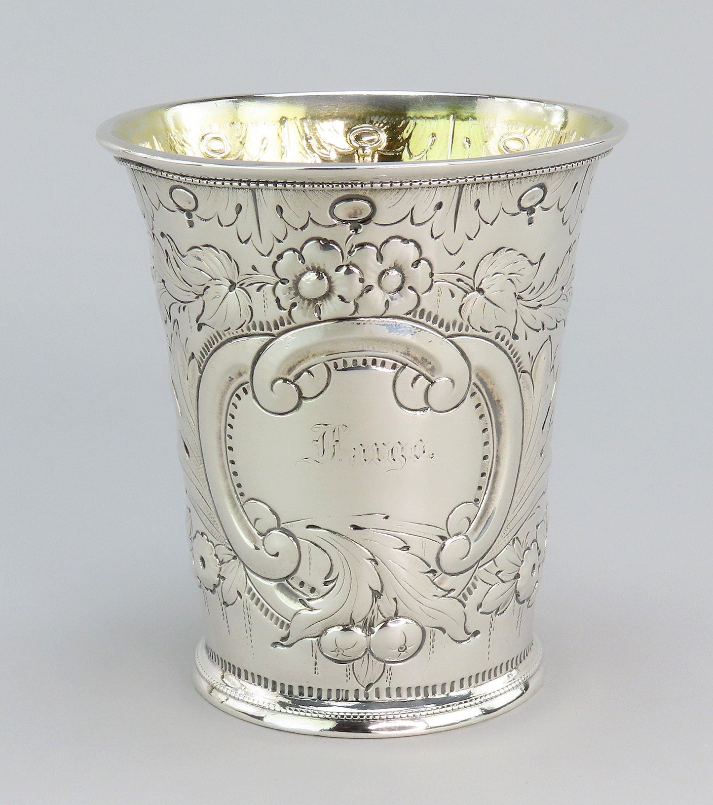 1850s Fabulous American Coin Silver Large Cup Fargo Family Monogram 4" Tall