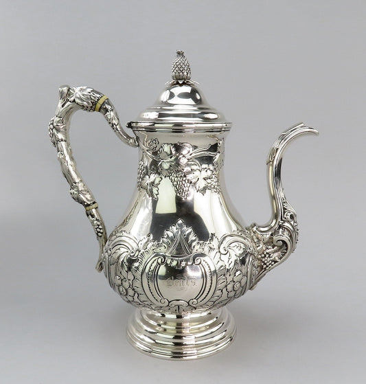 c1850 Fabulous American Coin Silver Large Hand Chased Coffee/Teapot 10 3/4" Tall