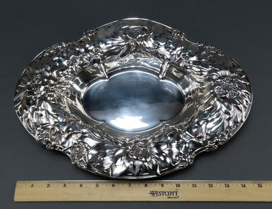 Large Gorgeous Sterling Silver Gorham Floral Dish 1898 Oval Quatrefoil 15 inches