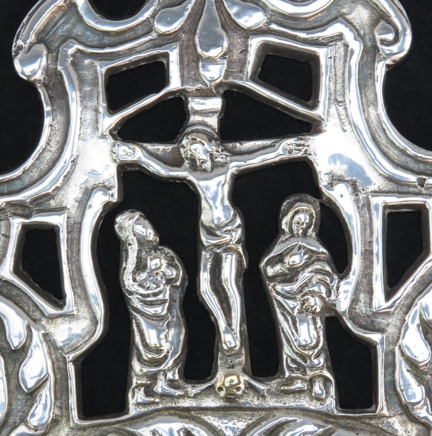 18th C Continental European Silver plate Holy Water Font Wall Piece Crucifixion