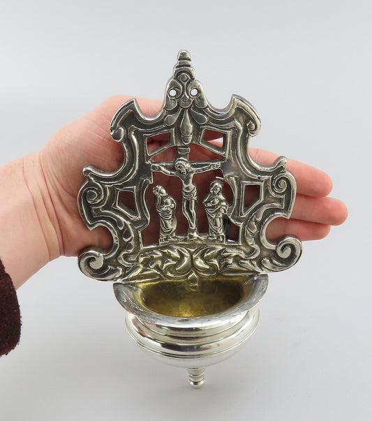 18th C Continental European Silver plate Holy Water Font Wall Piece Crucifixion