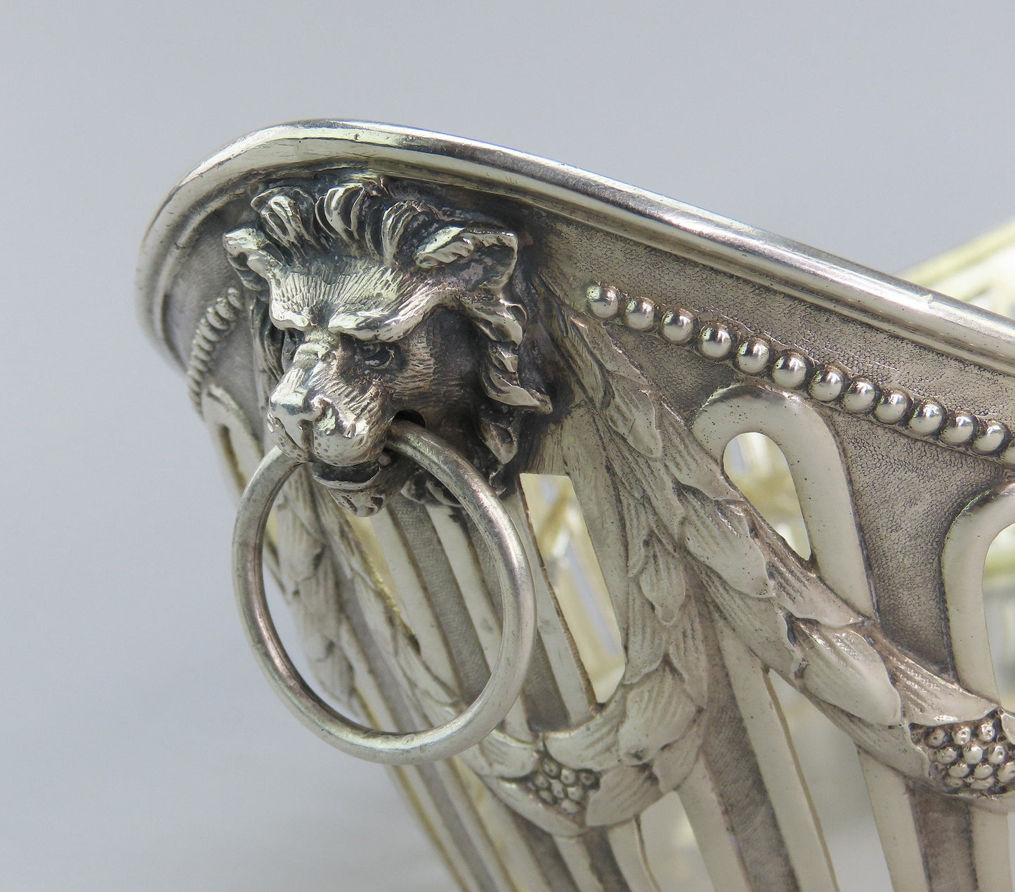 c1890 Elegant German Silver Bread Fruit Basket Bowl w Lions 12 1/4" Long