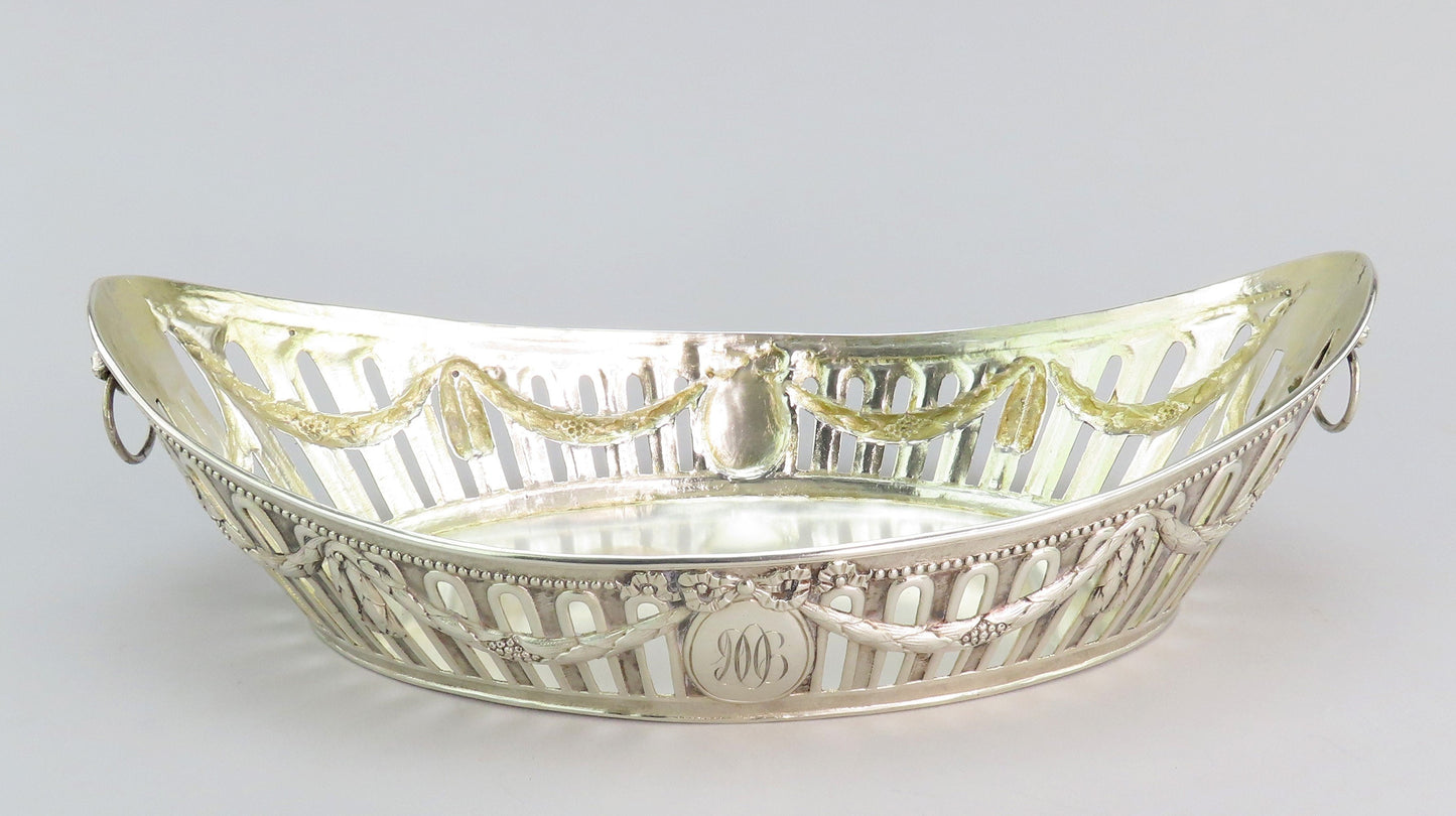 c1890 Elegant German Silver Bread Fruit Basket Bowl w Lions 12 1/4" Long