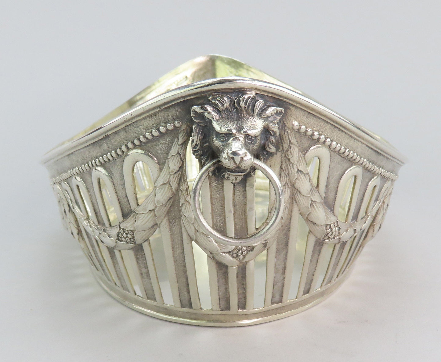c1890 Elegant German Silver Bread Fruit Basket Bowl w Lions 12 1/4" Long