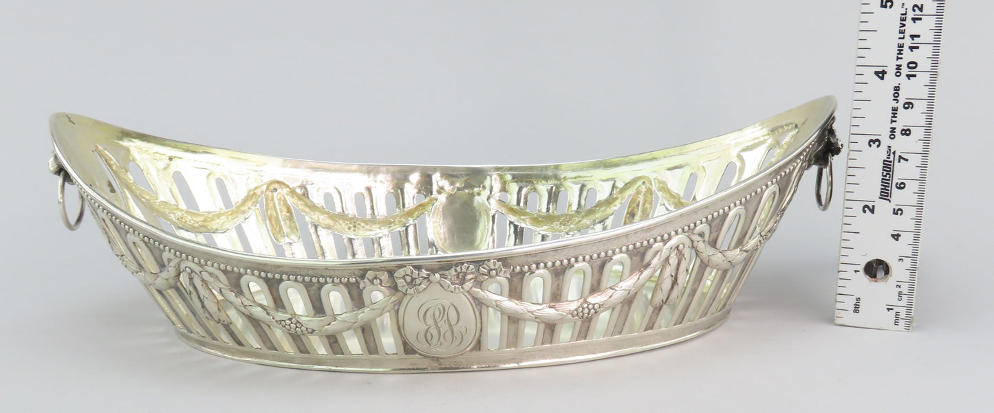 c1890 Elegant German Silver Bread Fruit Basket Bowl w Lions 12 1/4" Long