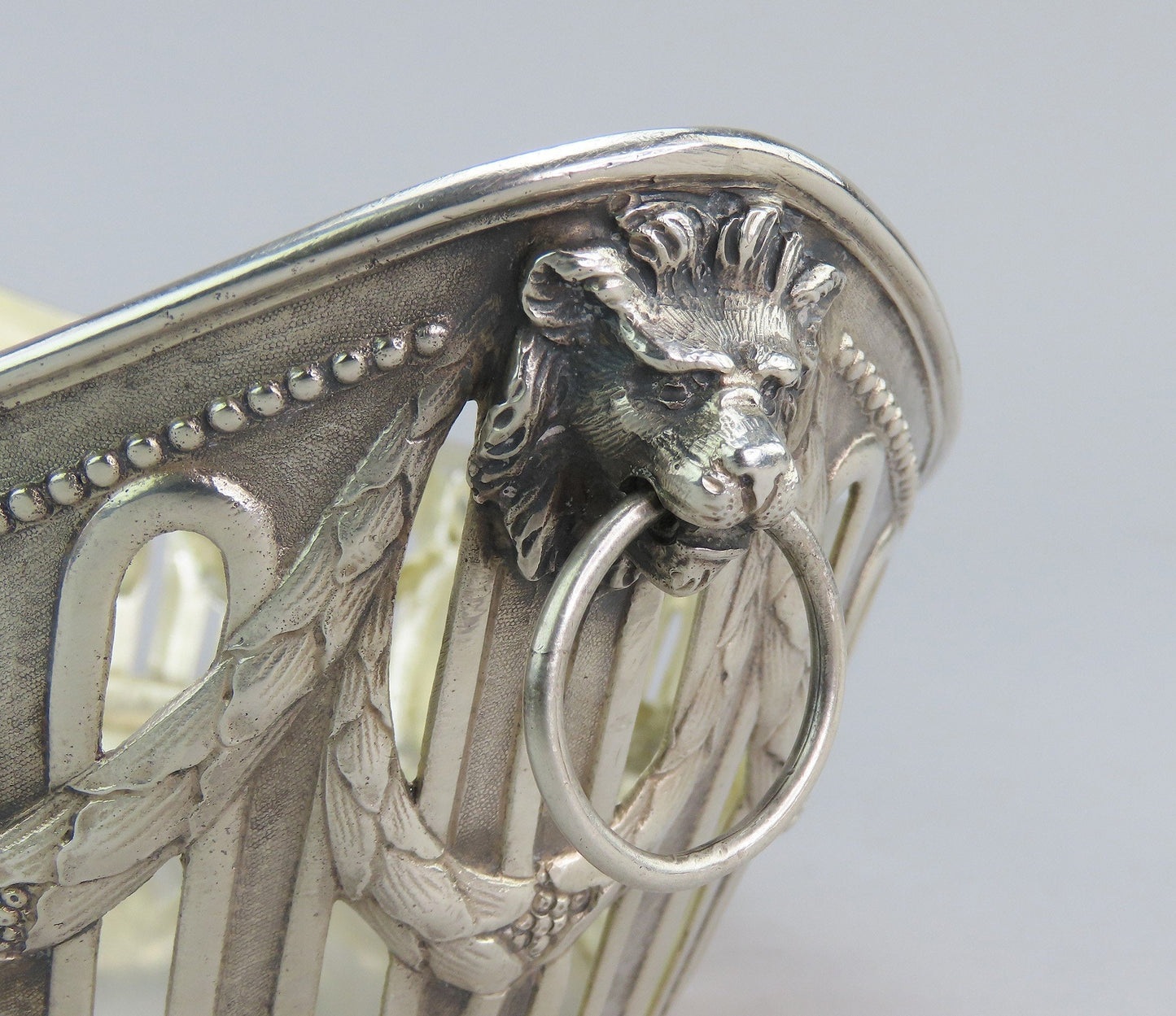 c1890 Elegant German Silver Bread Fruit Basket Bowl w Lions 12 1/4" Long