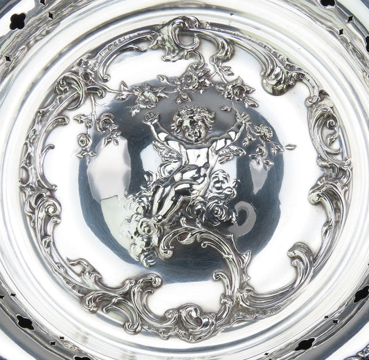 Fancy Antique Sterling Silver Bowl Cherub High Relief Decorations No Mono