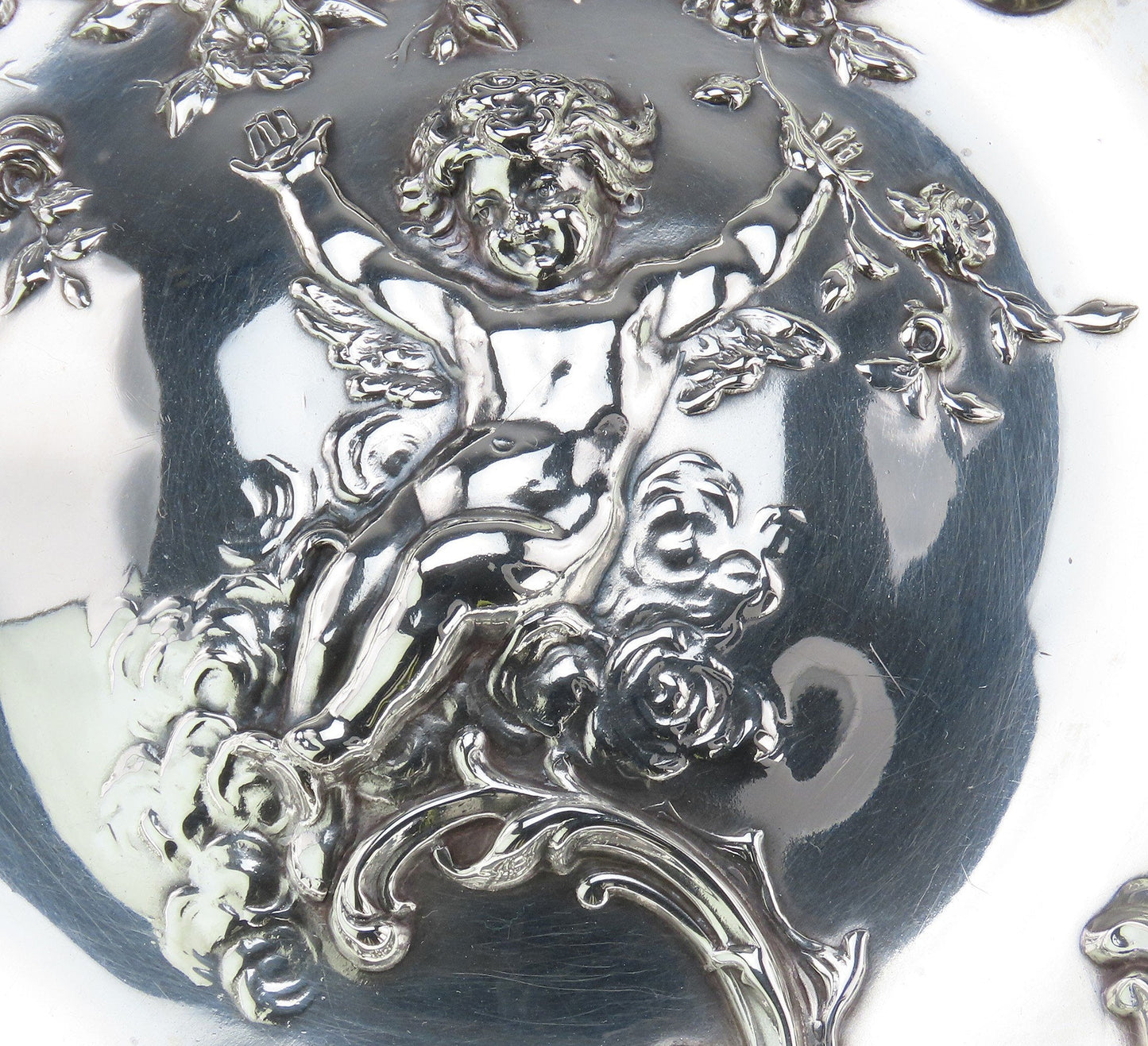 Fancy Antique Sterling Silver Bowl Cherub High Relief Decorations No Mono