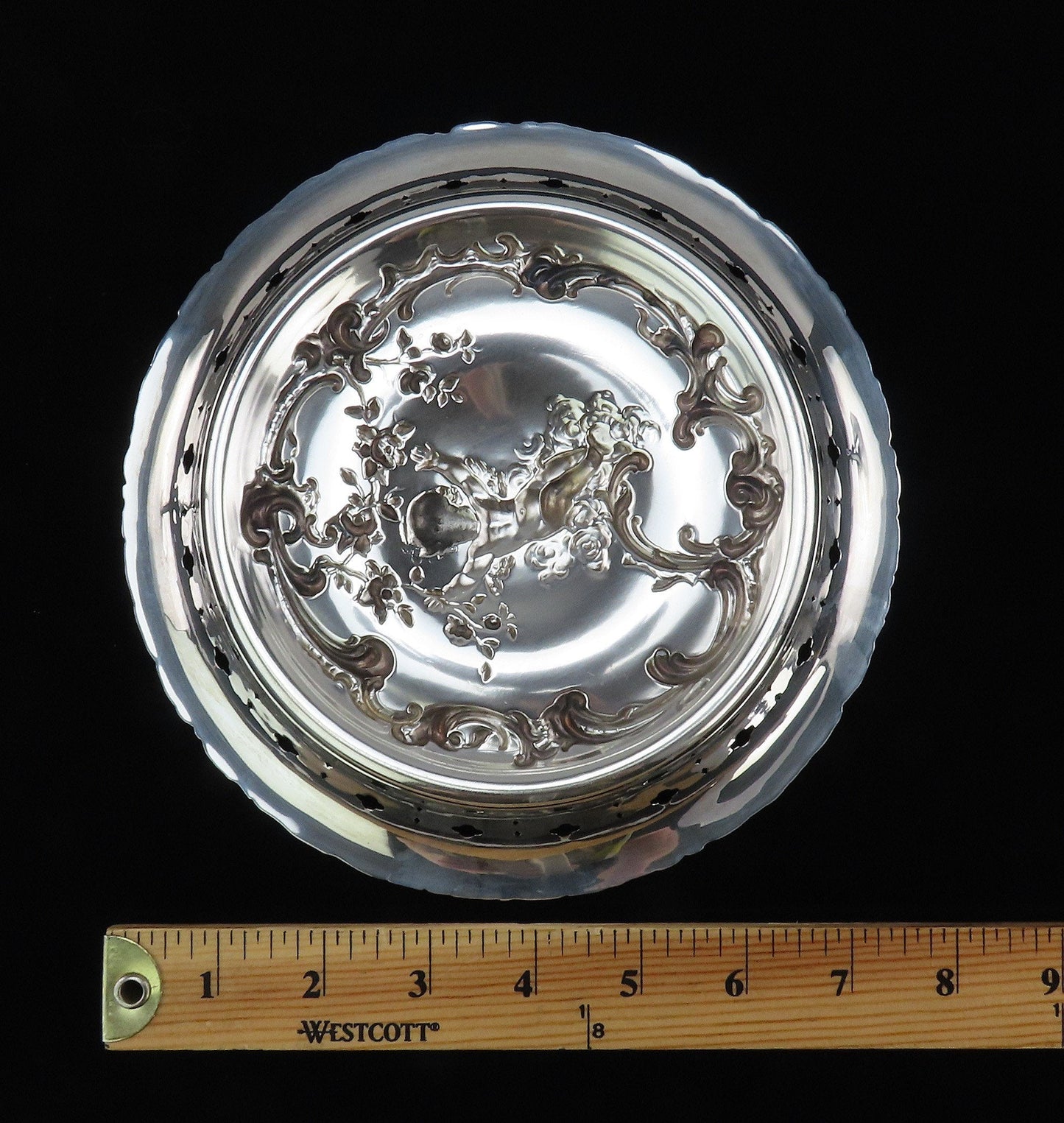 Fancy Antique Sterling Silver Bowl Cherub High Relief Decorations No Mono