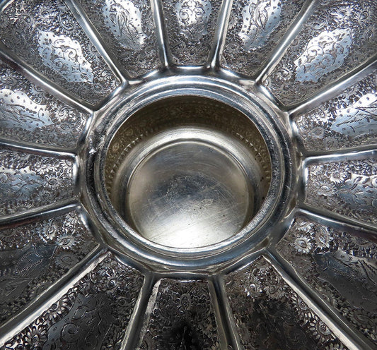 Beautiful Persian Silver Dish Fluted Top Hand-Engraved Palmettes Birds c1930