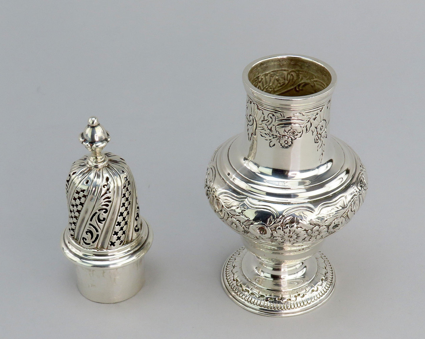 1744 Ornate English George II Sterling Silver Caster Hand Chased Flowers