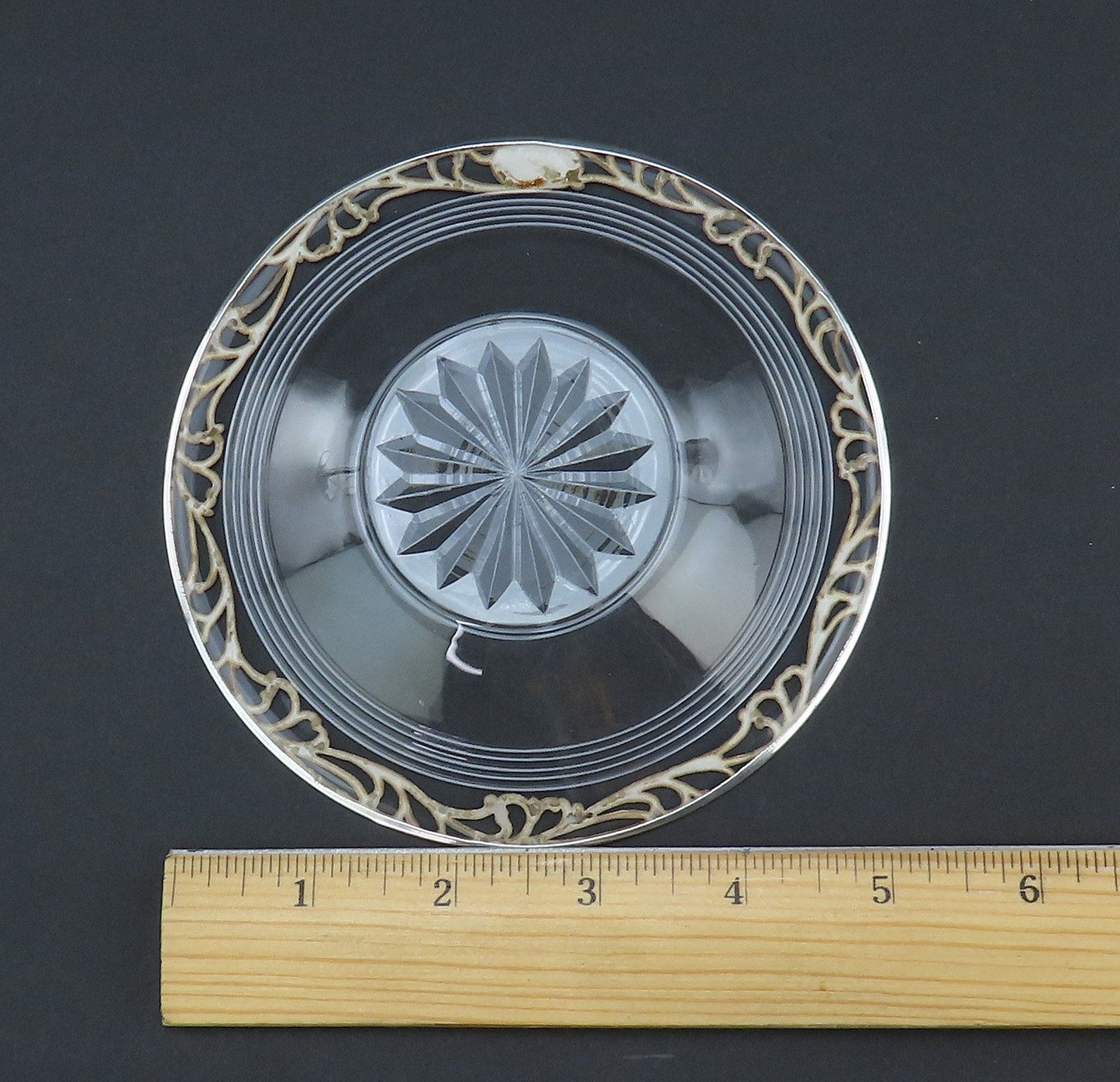 5 Great Sterling Silver Overlay Deposit Cut Glass Plates Saucers No Mono 5 1/4"