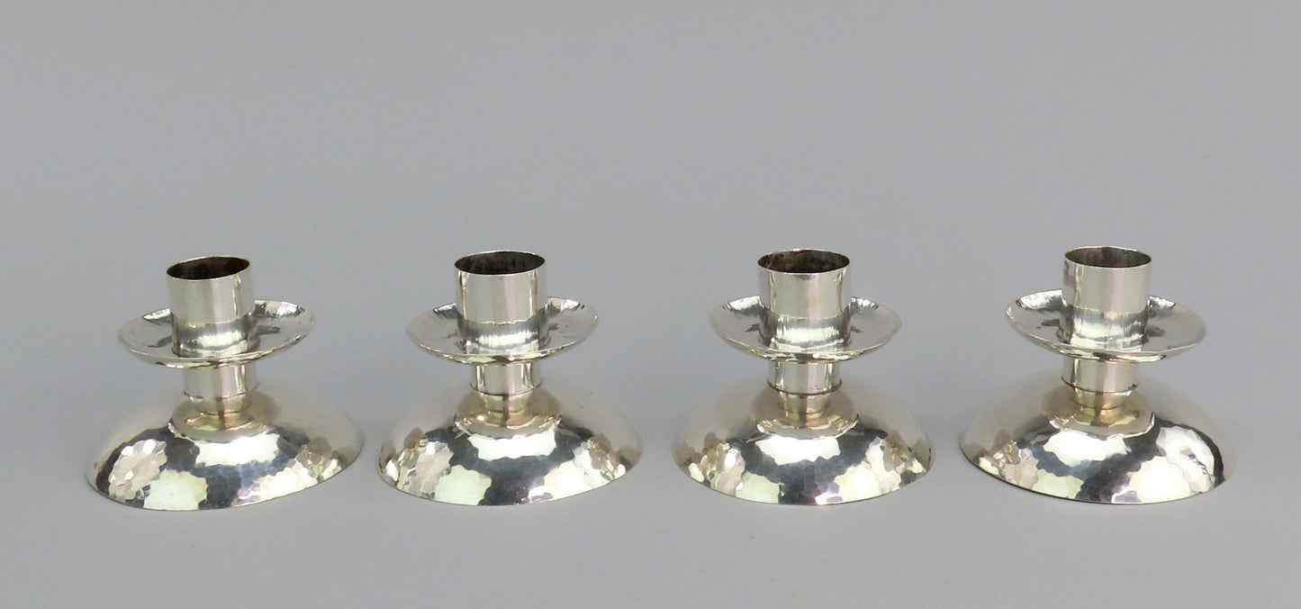 Handsome Set 4 VTG German 800 Silver Hand Hammered E. Bode Low Candlesticks