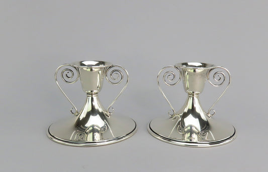 Stylish Pair VTG Saart Sterling Silver Low Candlesticks w Spiral Design